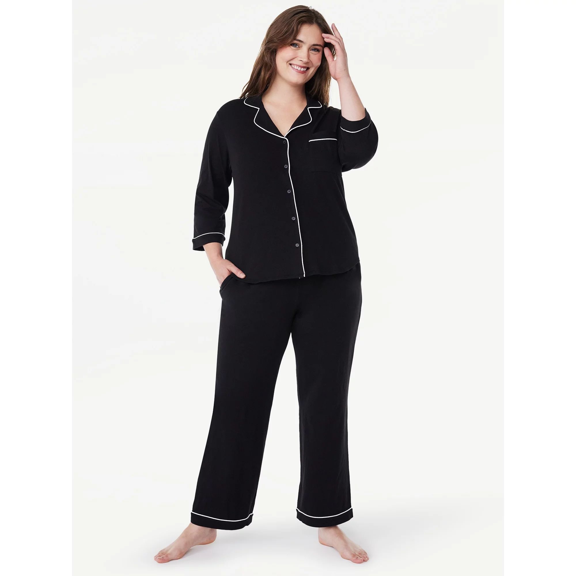 "Joyspun Women’s Knit Notch Collar Top and Pants Pajama Set, 2-Piece, Sizes S to 4X" | Walmart (US)