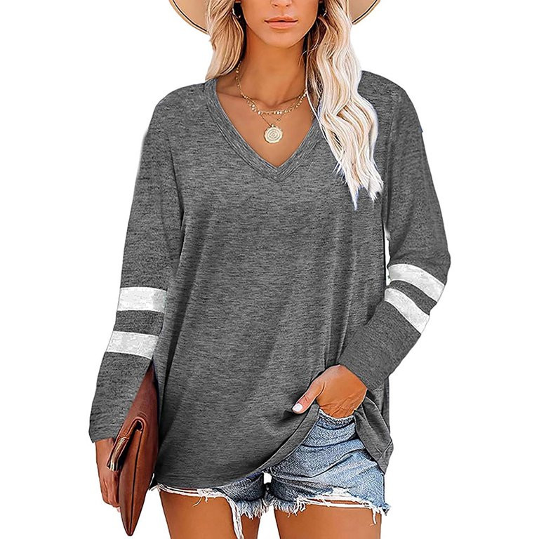 TEMOFON Womens Long Sleeve Tops Color Block V Neck Tops for Women Shirts Casual Tunic Tops Trendy... | Walmart (US)