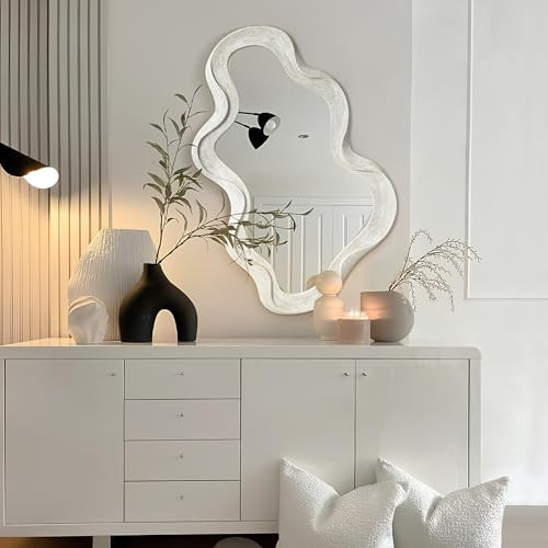 Glitzhome 31.5" x 19.75" Asymmetrical Mirror - Irregular Wall Mirror with Wood Frame, Wall Decor for Bedroom, Livingroom, Entryway, Washed White | Amazon (US)