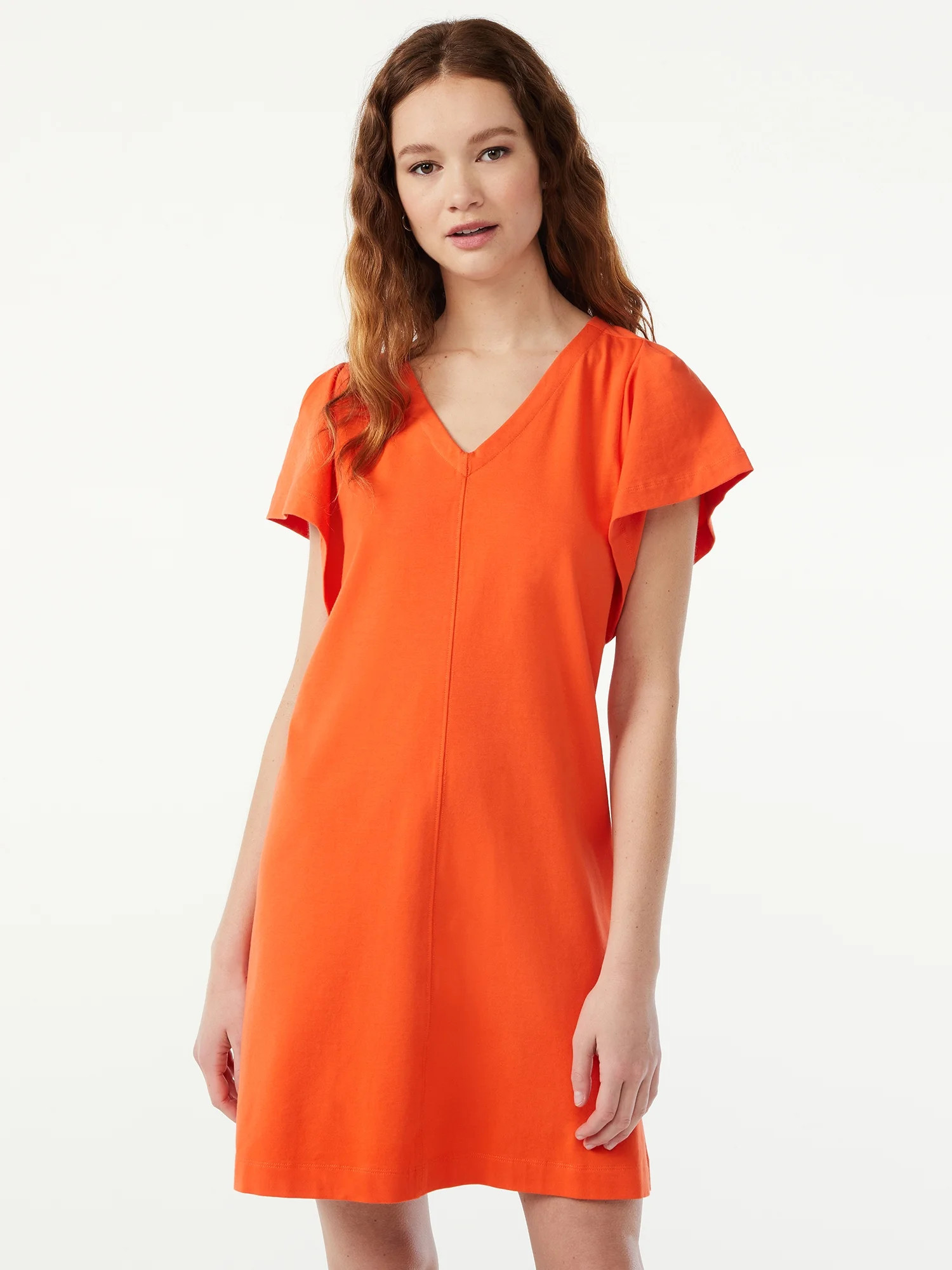 Free Assembly Women's V-Neck Dress with Flounce Sleeves - Walmart.com | Walmart (US)
