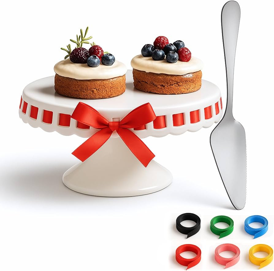 CERAMIC Cake stand,( 8 inch small cake stand ) cake pedestal stand with ribbons, cake stands for ... | Amazon (US)