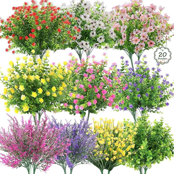 20 Bundles Realistic Artificial Flowers for Outdoors, UV Resistant No Fade Fake Flowers with Plas... | Amazon (US)