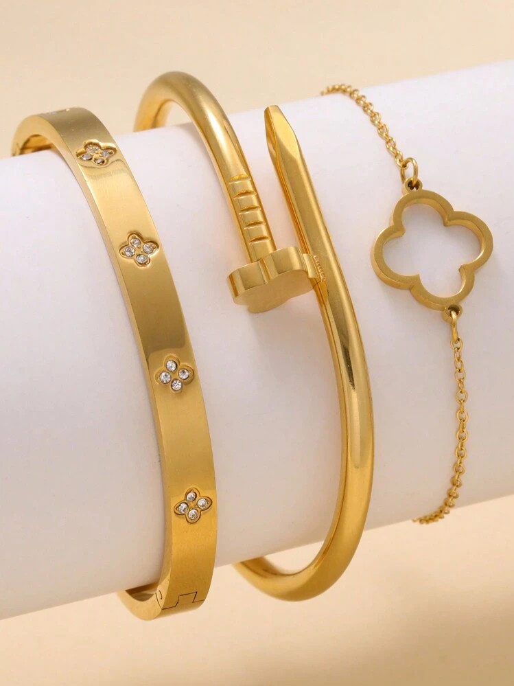 Stainless Steel Fashion Bangle With 4 Small Zirconia Stones, Suitable For Daily Wear | SHEIN