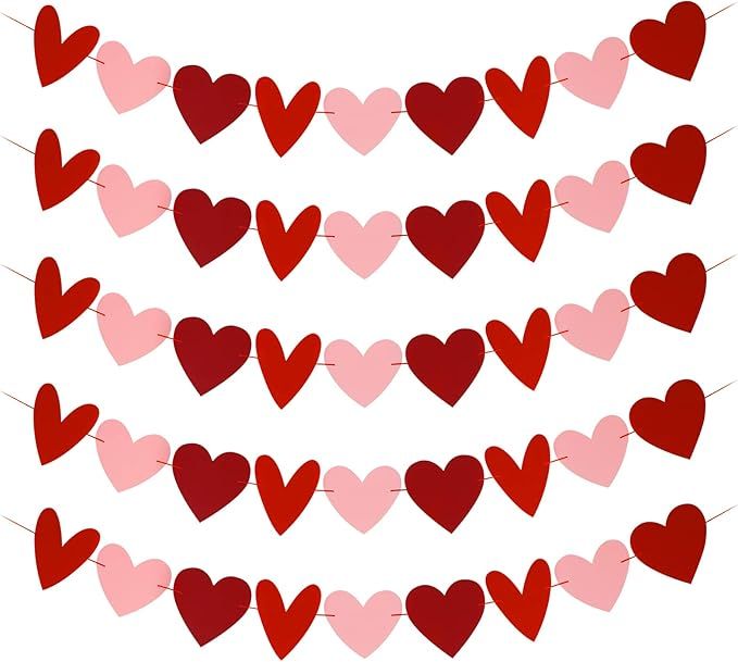 5Pcs Heart Banner Garland Red & Pink, Valentines Heart Decorations,Valentines Heart Garland,Valen... | Amazon (US)