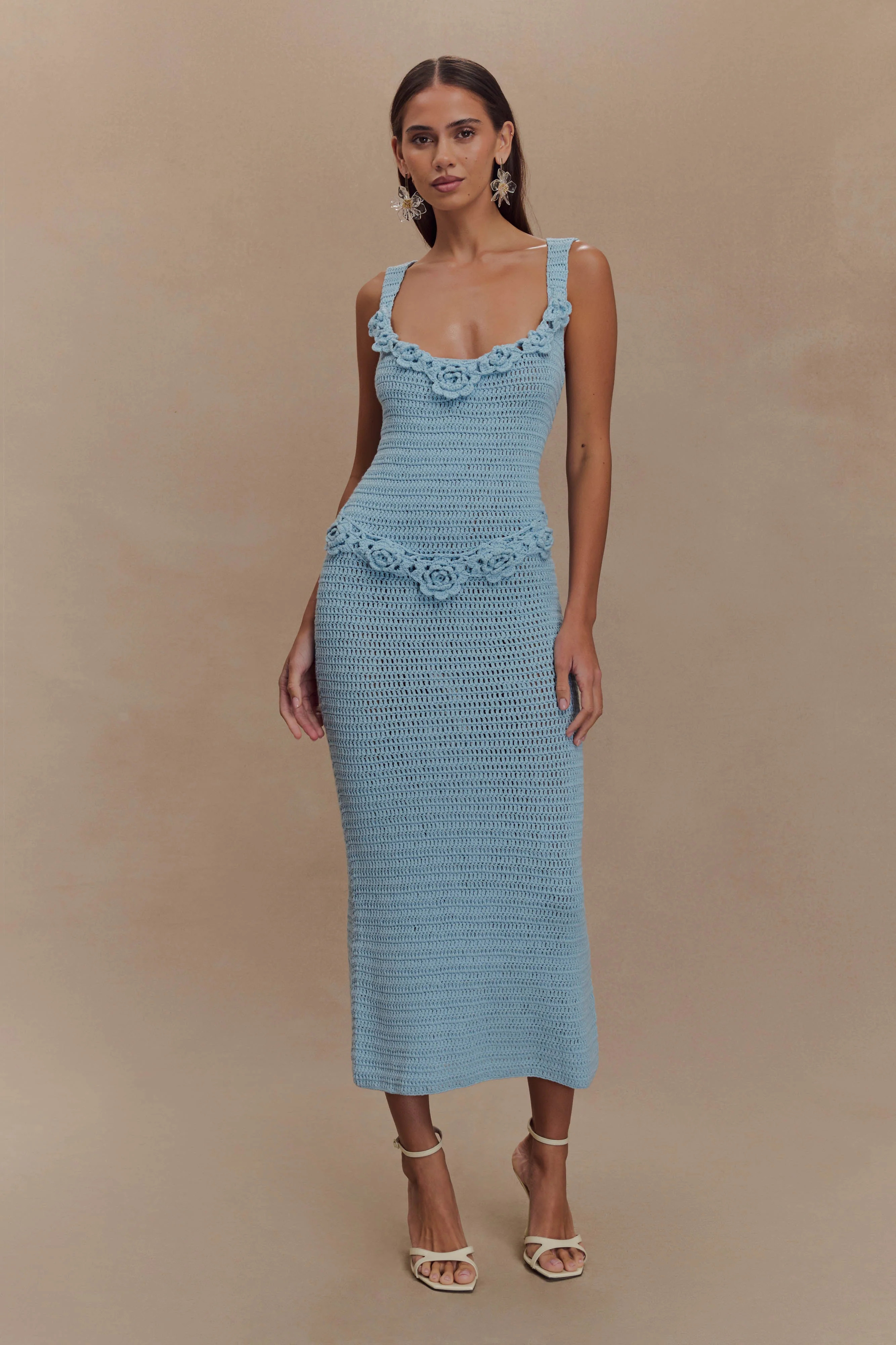 Teagan Floral Hand Crochet Midi Dress - Blue | MESHKI US