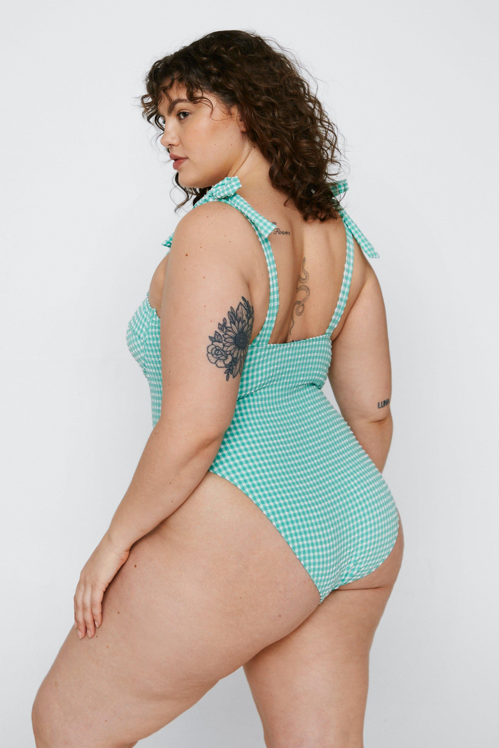 Plus Textured Gingham Tie Shoulder Swimsuit | Nasty Gal (US)
