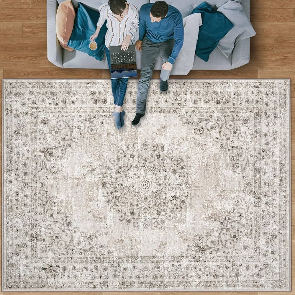 Area Rug 9x12 Vintage Rug: Large Washable Indoor Medallion Rugs Low Pile Distressed Floor Carpet ... | Amazon (US)