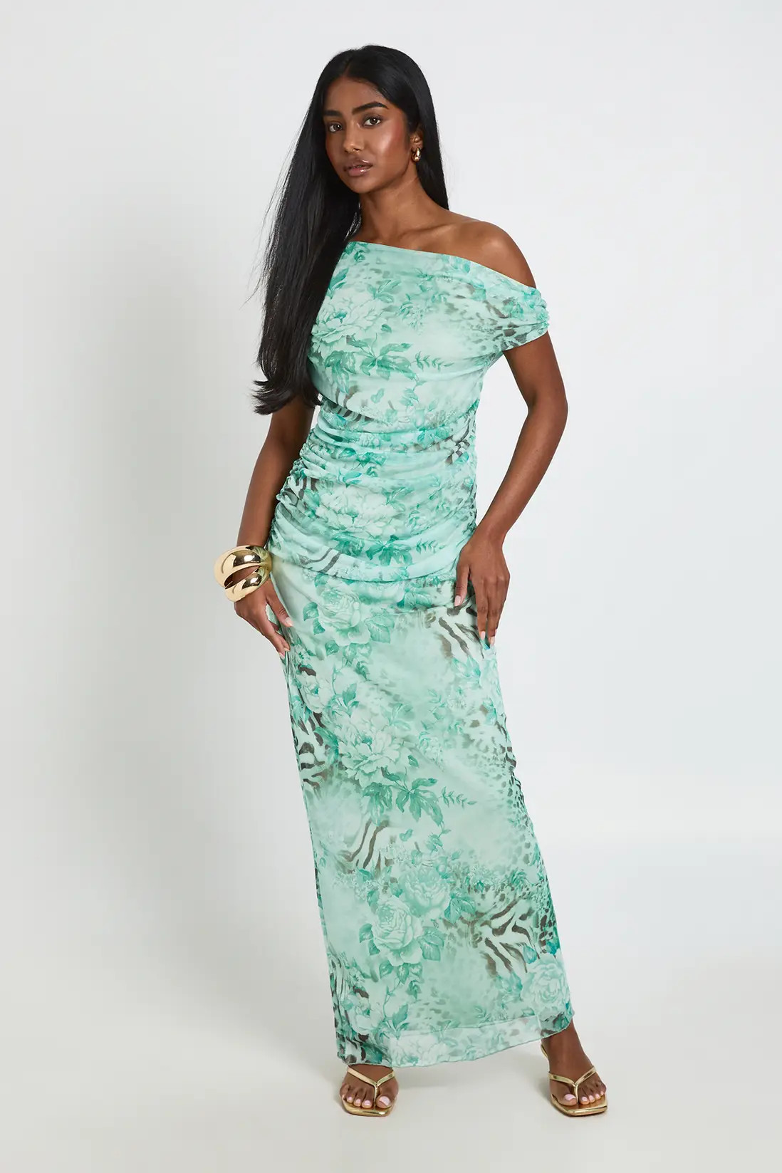 Aqua Mixed Animal Print Off The Shoulder Mesh Maxi Dress | Boohoo USA | boohoo (US & Canada)