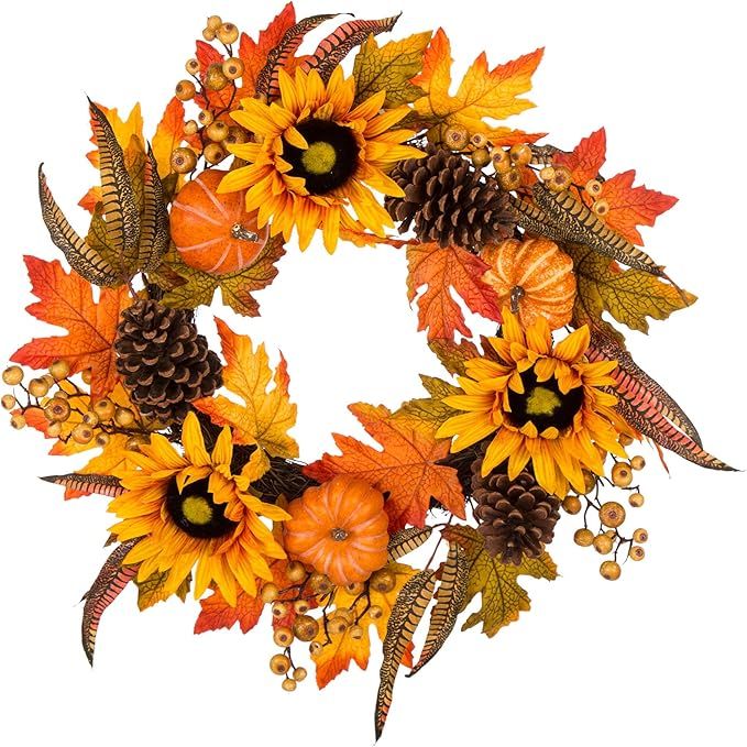 Glitzhome Artificial Sunflower Wreath Summer Fall Wreaths for Front Door Indoor Wall Decor 24 Inc... | Amazon (US)