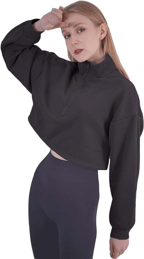Haellun Women's Long Sleeve Half Zip Fleece Lined Crop Top Pullover Sweatshirt | Amazon (US)
