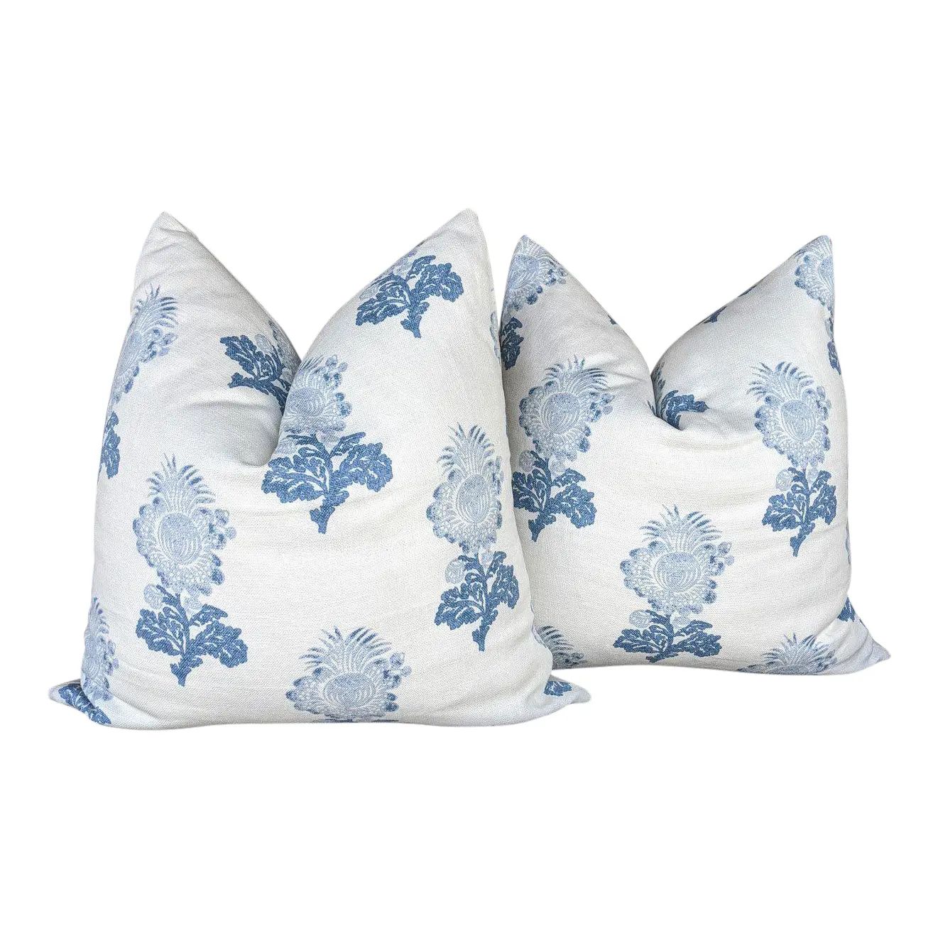 Aldith by Thibaut Block Print in Blue Pillow Covers- a Pair | Chairish