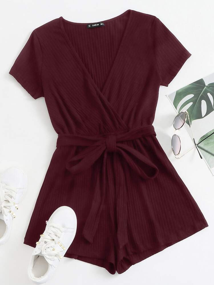 SHEIN Surplice Neck Self Belted Solid Romper | SHEIN