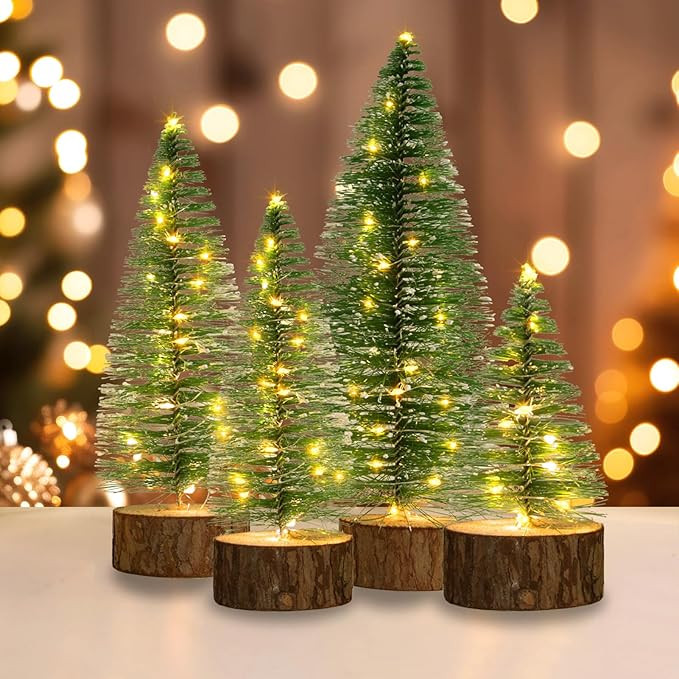 4 PCS Mini Christmas Trees, Artificial Bottle Brush Trees with 2 Modes Timer LED String Lights, B... | Amazon (US)
