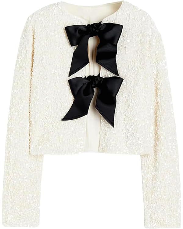 Women Tie-Front Sequined Jacket Long Sleeve Sparkling Cropped Top with Bow Party Concert Night | Amazon (US)