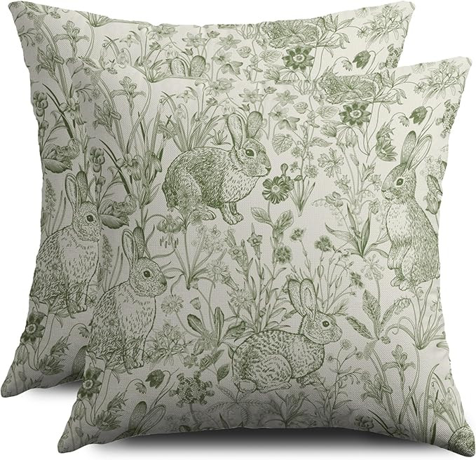 Easter Spring Green Pillow Covers 18X18 Set of 2, Vintage Flower Rabbit Bunny Floral Botanical Pr... | Amazon (US)