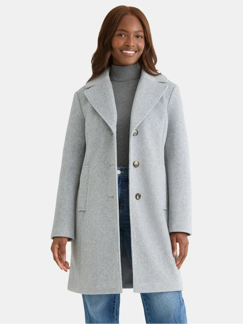 Time and Tru Women's and Women's Plus Faux Wool Boyfriend Coat, Sizes XS-2X | Walmart (US)