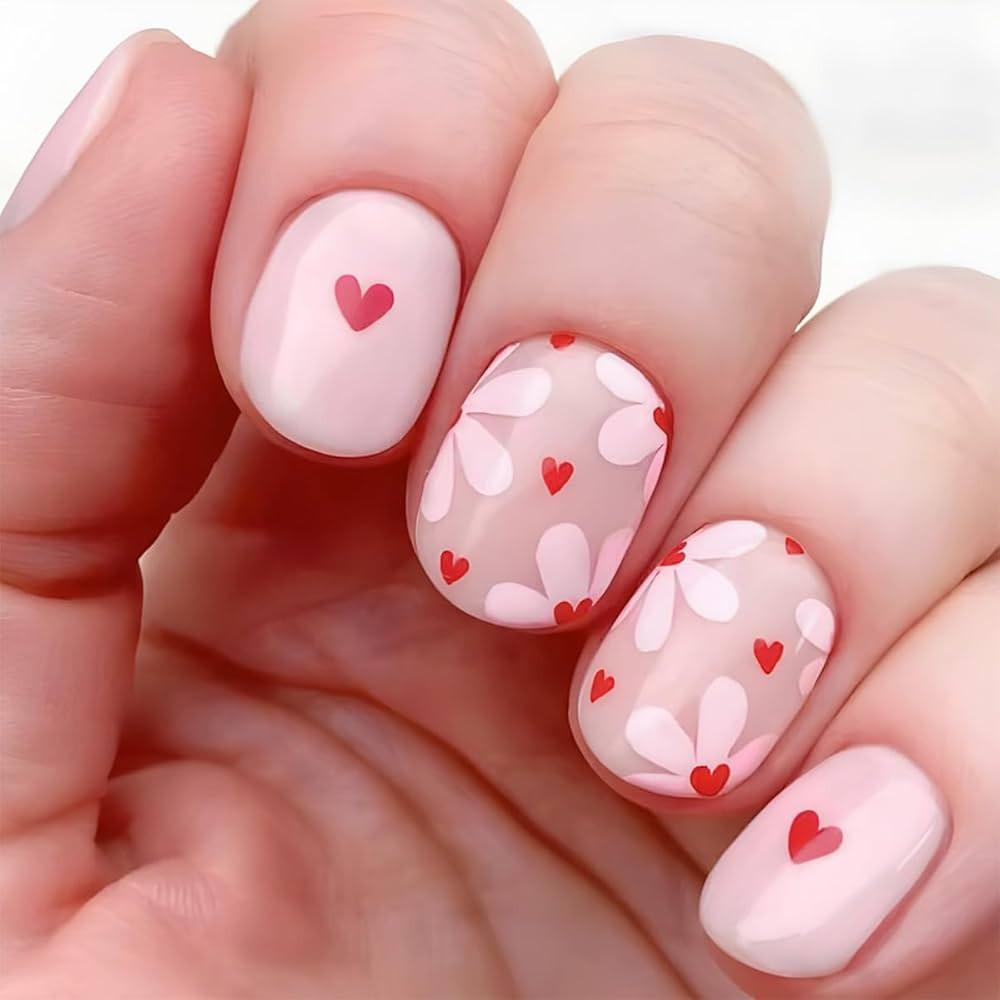 Flower Press on Nails Valentine's Day Short Square Fake Nails Cute Pink Acrylic Nails Red Heart S... | Amazon (US)