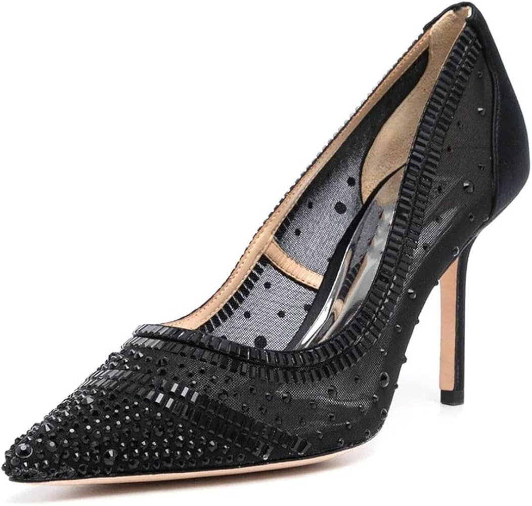 FSJ Women Wedding Rhinestones Mesh Satin High Heel Pumps Pointy Toe Stiletto Slip On Comfort Lace... | Amazon (US)