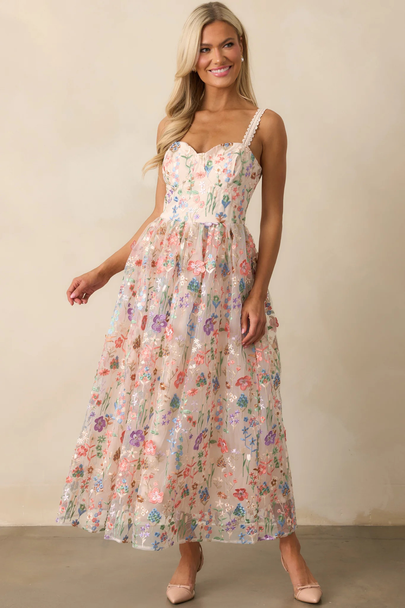 Social Season Rose Pink Floral Embroidered Maxi Dress | Red Dress