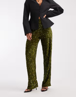 Pieces wide leg velour sequin trousers in olive green | ASOS | ASOS (Global)