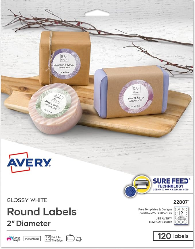 Avery Printable Round Labels, Sure Feed Technology, Glossy White Labels, 2" Diameter, Permanent A... | Amazon (US)