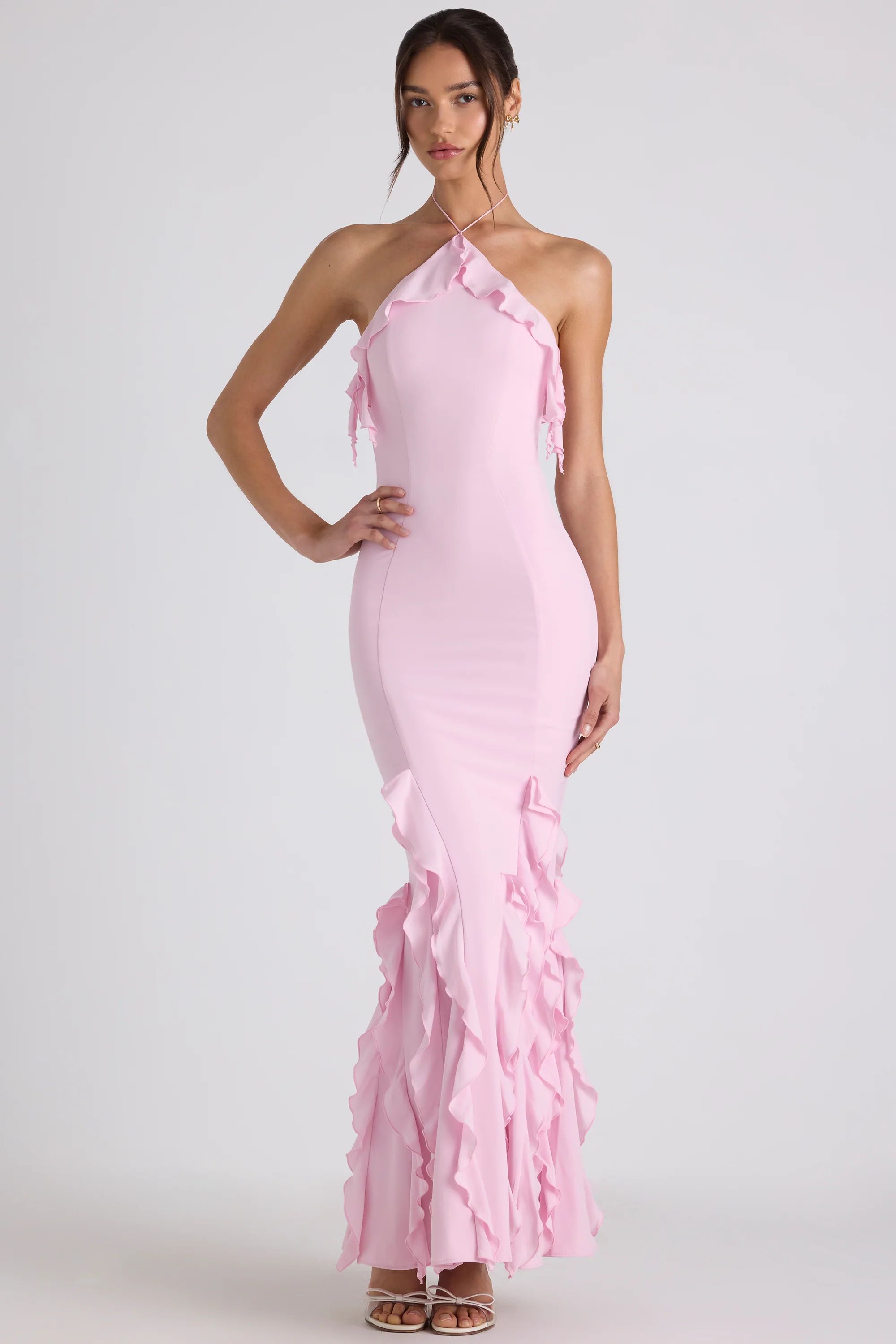 Ruffle-Trim Halterneck Gown in Soft Pink | Oh Polly