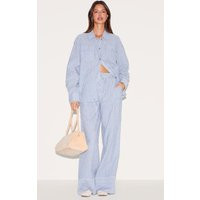 Blue Striped Linen Drawstring Wide Leg Trousers, Blue | PrettyLittleThing UK