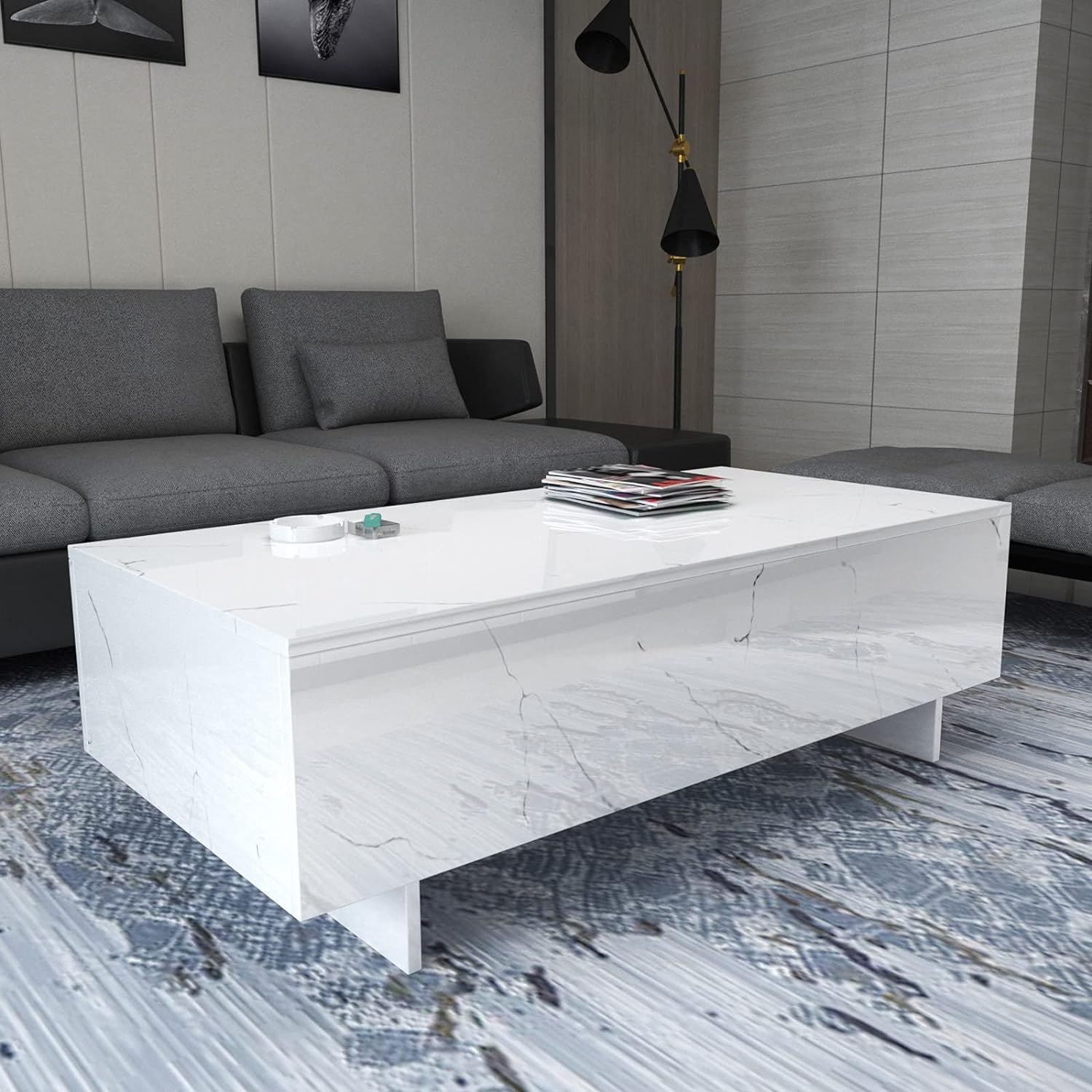 COSVALVE Living Room Rectangle High Gloss Coffee Table, Modern Living Room Table, Marble Print Li... | Amazon (US)