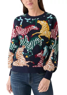 Women's Crew Neck Zebra Print Intarsia Sweater | Belk