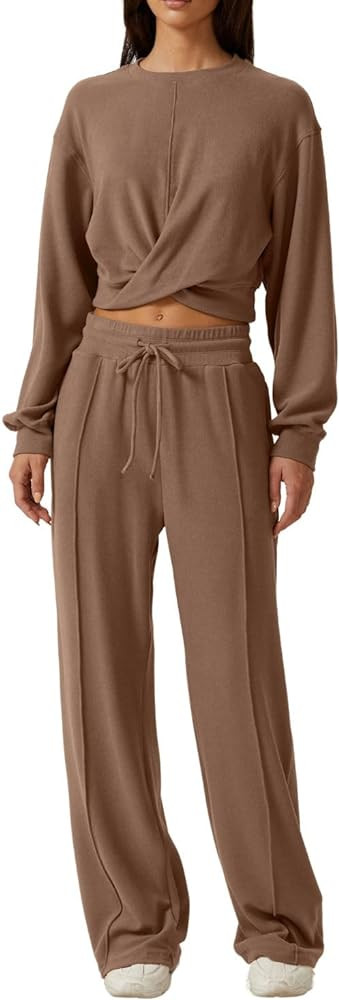 Amazon.com: QINSEN Women 2 Piece Outfits Sweatsuit Set Twist Front Cropped Sweatshirt Wide Leg Sw... | Amazon (US)