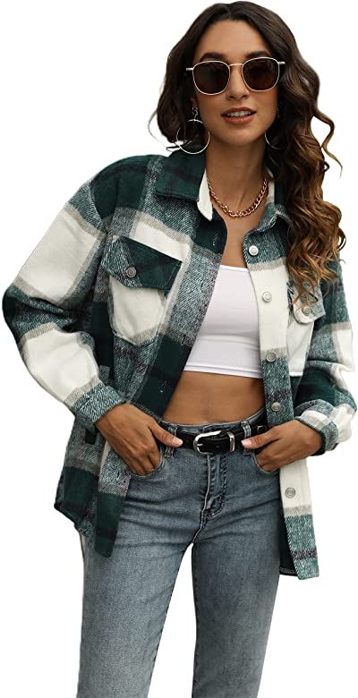 Uaneo Womens Plaid Shacket Button Down Wool Blend Fall Flannel Shirt Jacket | Amazon (US)