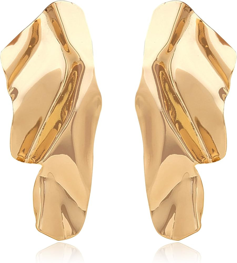 Gold Statement Earrings for Women Geometric Texture Earrings Fashion Irregular Minimalism Metal S... | Amazon (US)