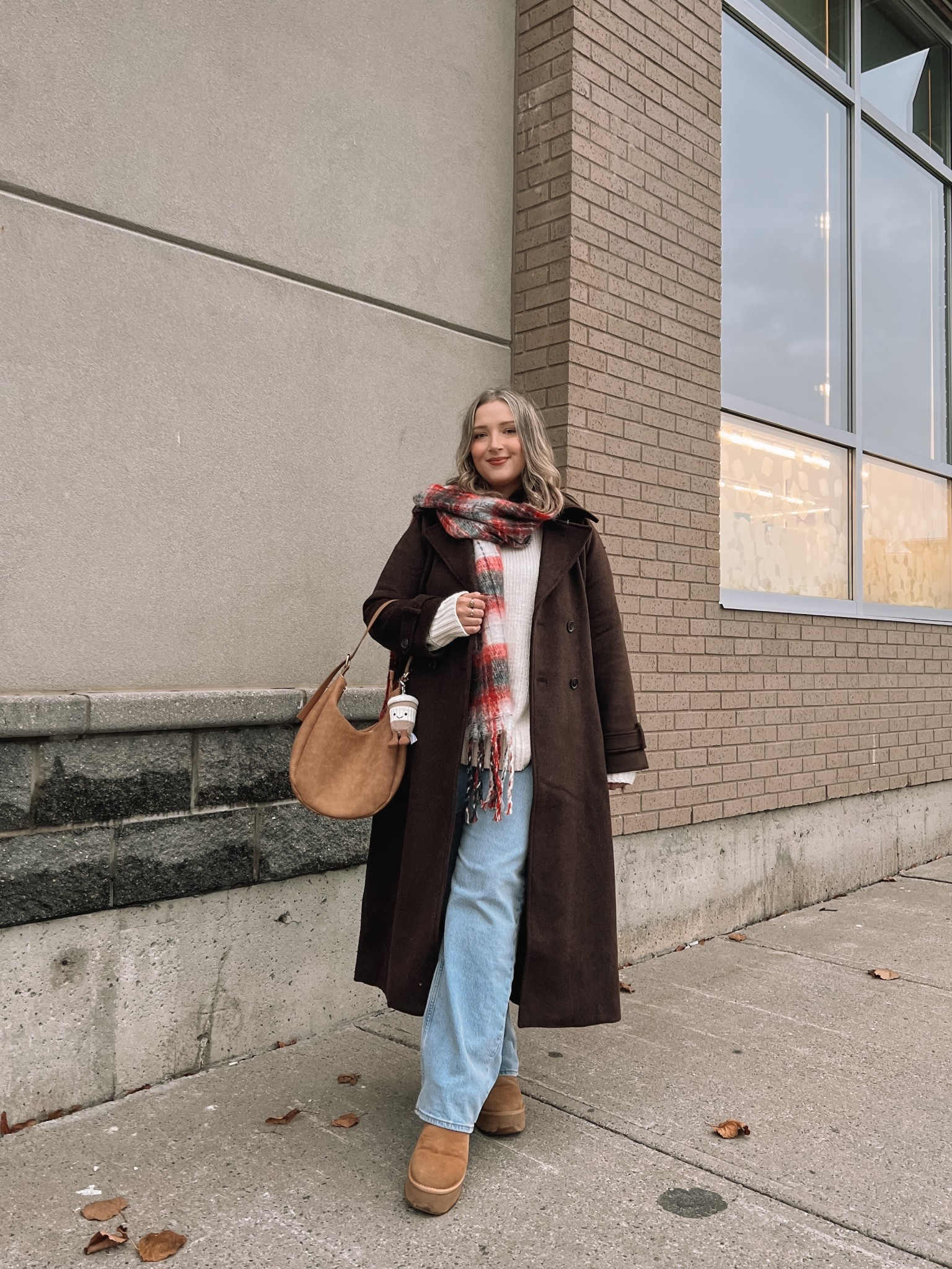 Casual winter outfit! Wearing my usual size L in the wool trench coat - love the dark chocolate brown! Also wearing L in the sweater. Wearing 32 in the jeans, could have done a 31 but I like a looser fit. Ugg look for less boots are super comfy and such good quality! I’m a 9.5-10 shoe and wear a 10 in these. Linked similar festive plaid scarves


#LTKmidsize #LTKwinter #LTKstyletip