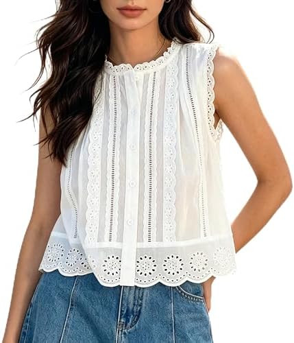 Women Boho Lace Tank Top Eyelet Button Down Shirts Ruffle Crop Tops | Cottagecore Eyelet Button D... | Amazon (US)