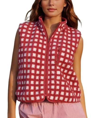 PUWEI Women's Checkered Sherpa Vest Sleeveless Zip Up Fleece Top Crochet Plaid Sherpa Collared Vest with Pocket (Red-Small) | Amazon (US)