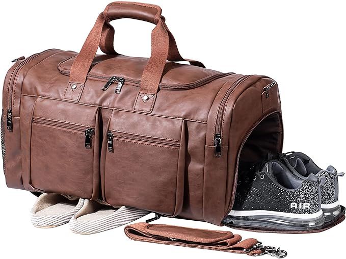 Leather Travel Bag with Shoe Pouch,Weekender Overnight Bag Waterproof Leather Large Carry On Bag ... | Amazon (US)