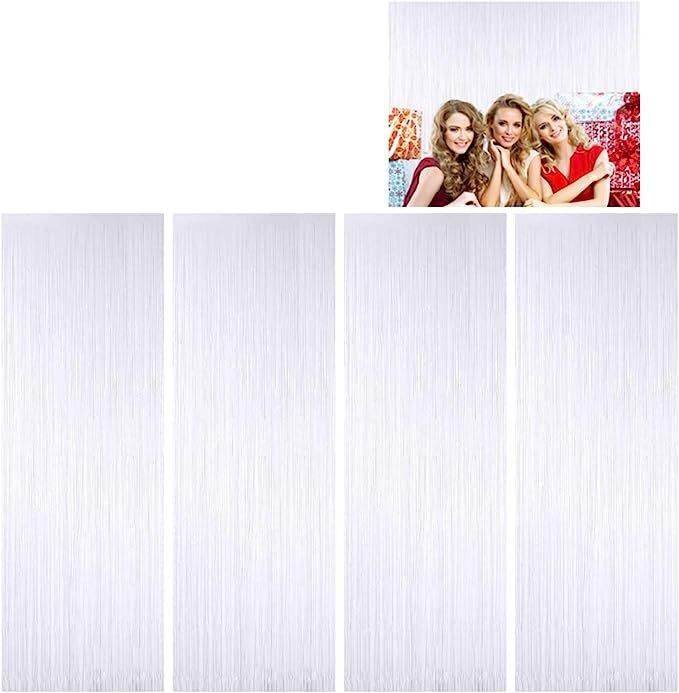 Moohome 4 Pack 3ft x 8ft White Foil Fringe Curtain, Tinsel Door Fringe Backdrop Curtain for Birth... | Amazon (US)