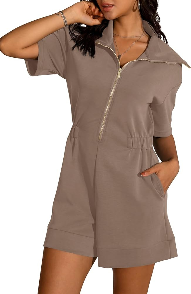 Womens Summer Short Sleeve Rompers Loose Half Zip One Piece Short Overalls Jumpsuit with Pockets | Amazon (US)