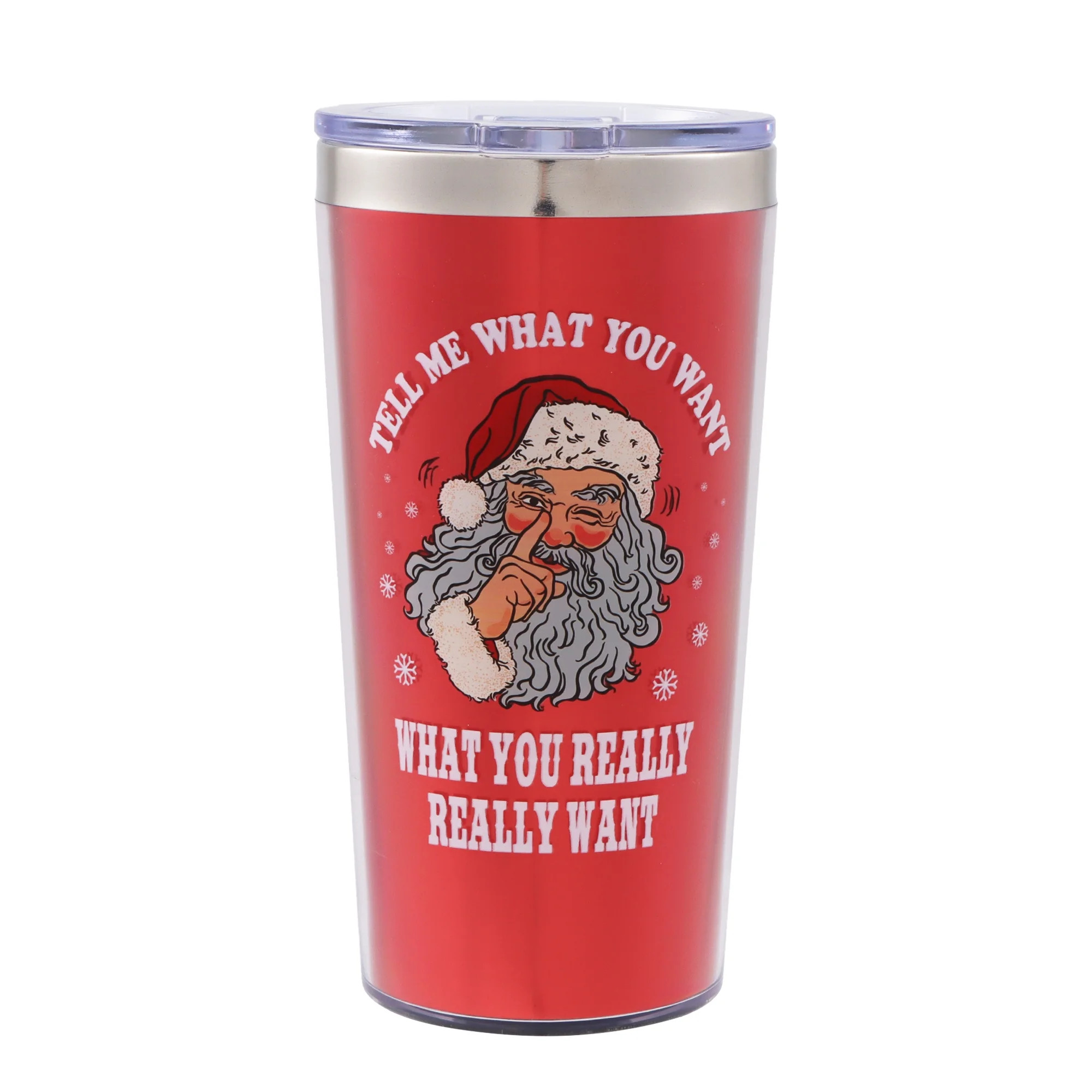 Plastic Double-Walled Christmas Tumbler with Lid, Tell Me What You Want, Red and White, 17 fl oz,... | Walmart (US)
