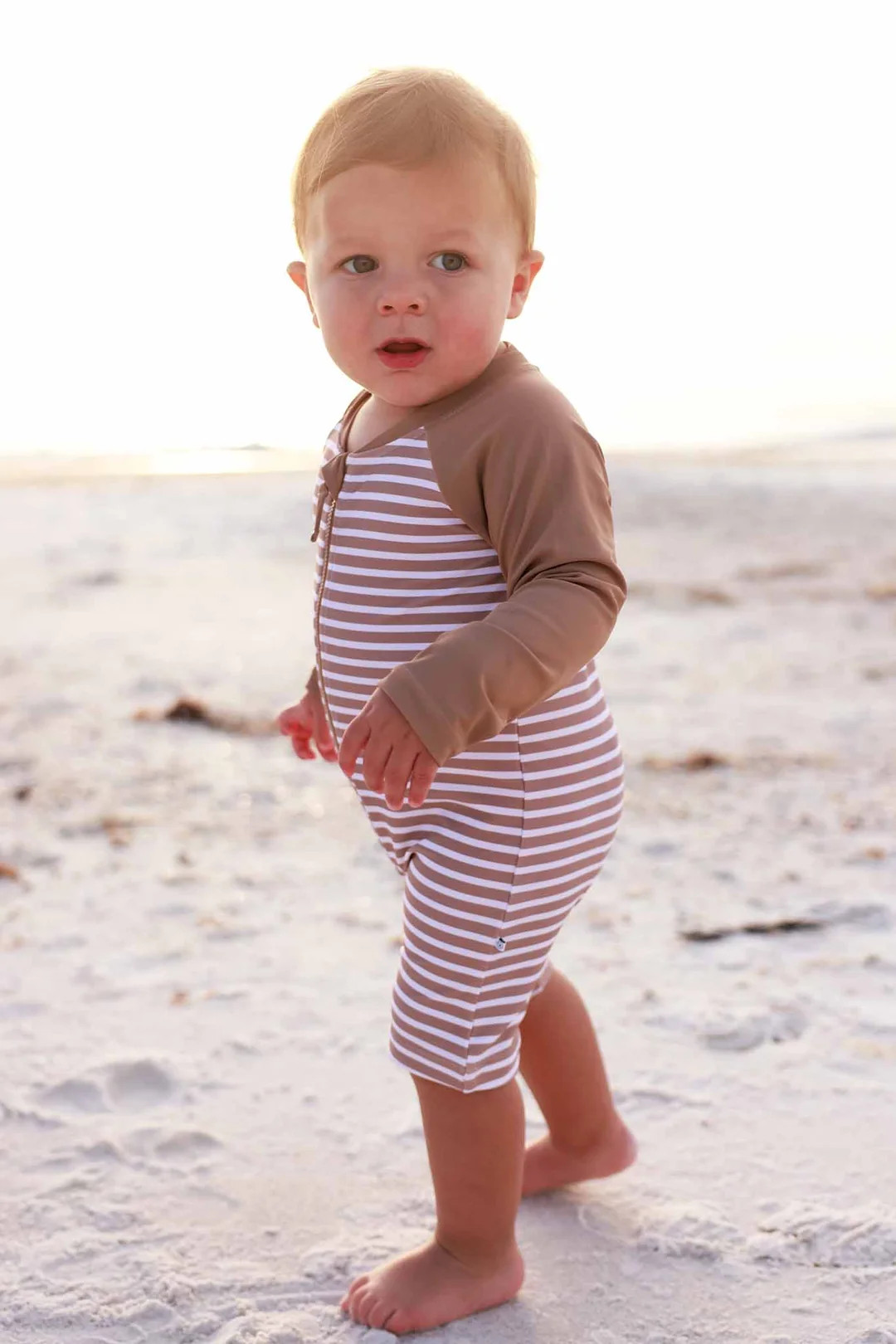 Long Sleeve Rash Guard Swim Romper Shortie | Sandy Stripes | Caden Lane