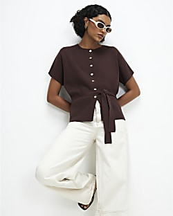 Brown Cinched Waist Belted Cardigan Top | River Island UK & IE