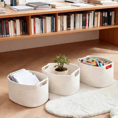 3-Pack Woven Storage Baskets With Wooden Handles For Home Organization, Multipurpose Toy Bins And Decorative Containers For Shelves And Cubes | Wayfair North America