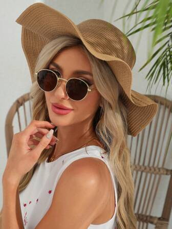 1pc Women's Large Wavy Brim Straw Hat Boho | SHEIN