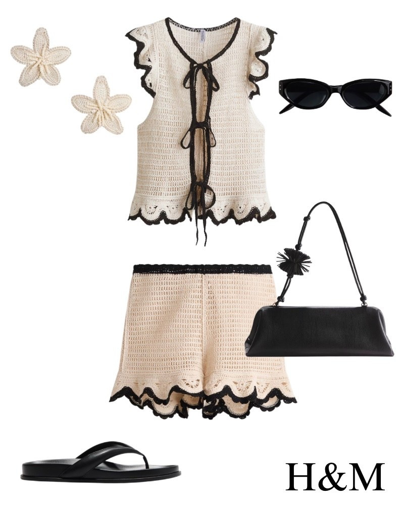 H&M new arrivals! Crochet top, shorts,  flower earrings, black purse, sandals, beach, pool, resort, vacation, outfit idea, spring, summer.

#LTKSaleAlert #LTKSwim #LTKSeasonal