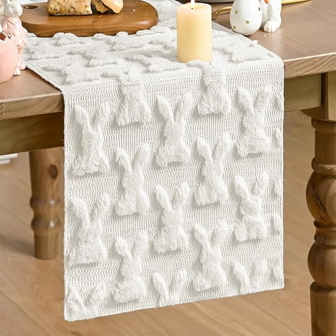 Artoid Mode White Soft Plush Faux Fur Jacquard Bunny Rabbit Easter Table Runner, Seasonal Kitchen... | Amazon (US)