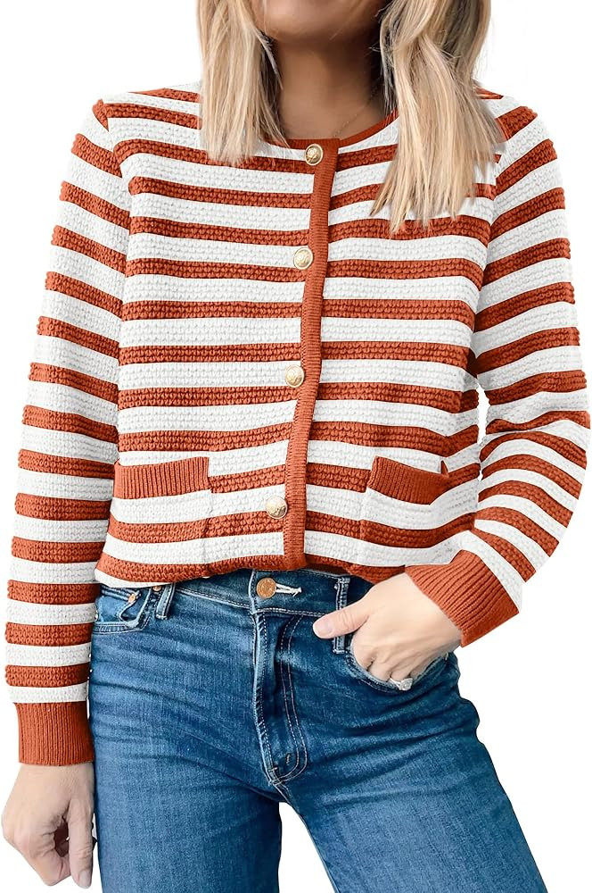 ANRABESS Women's Tweed Knit Cardigan Sweater Casual Long Sleeve Cropped Button Down Lady Jackets ... | Amazon (US)