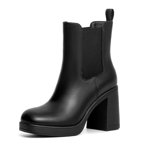 Athlefit Women's Chelsea Platform Boots High Chunky Heel Black Ankle Boots Square Toe Slip On Elastic Heeled Booties Size 7 | Amazon (US)