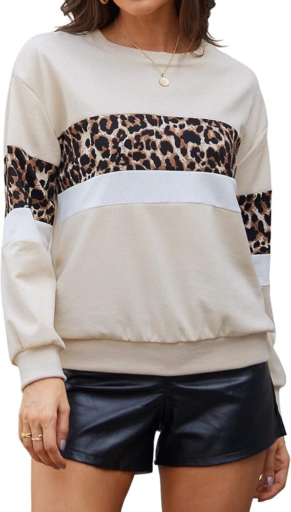 SheIn Women's Round Neck Long Sleeve Leopard Colorblock Sweatshirt Pullover Tops | Amazon (US)