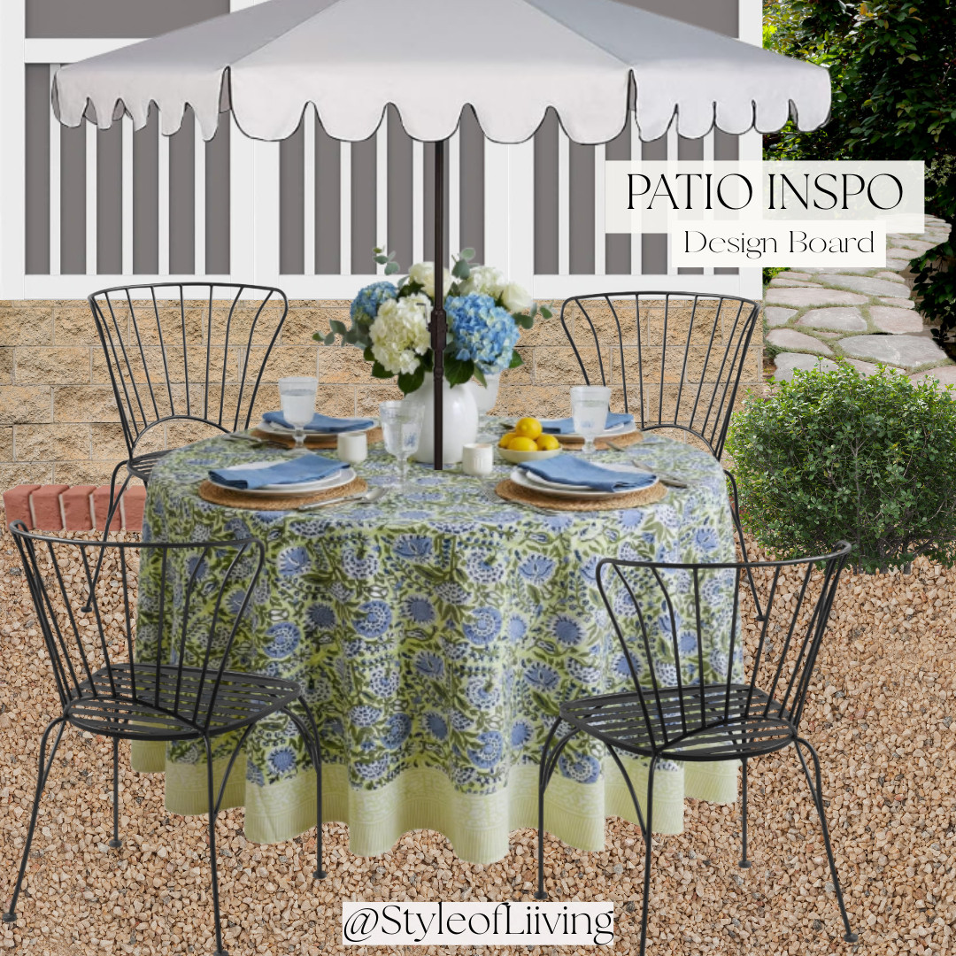 Patio inspiration design board! Cadiz Black Metal Outdoor Stacking Chair Set of 2 on sale from World Market. Table cloth, table setting, outdoor dining, scalloped edge patio umbrella. #patiodining #outdoordining #diningchairs #bistro #designboard  

 #LTKSeasonal #LTKHome #LTKSaleAlert