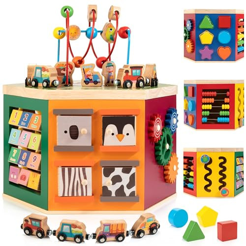Large Activity Cube, 9-in-1 Farm-Themed Wooden Play Center, Multipurpose Montessori Toy for 1-2 Year Old Baby Toddler Kid, First Birthday Gift | Bonus Magnetic Train Cars | Amazon (US)